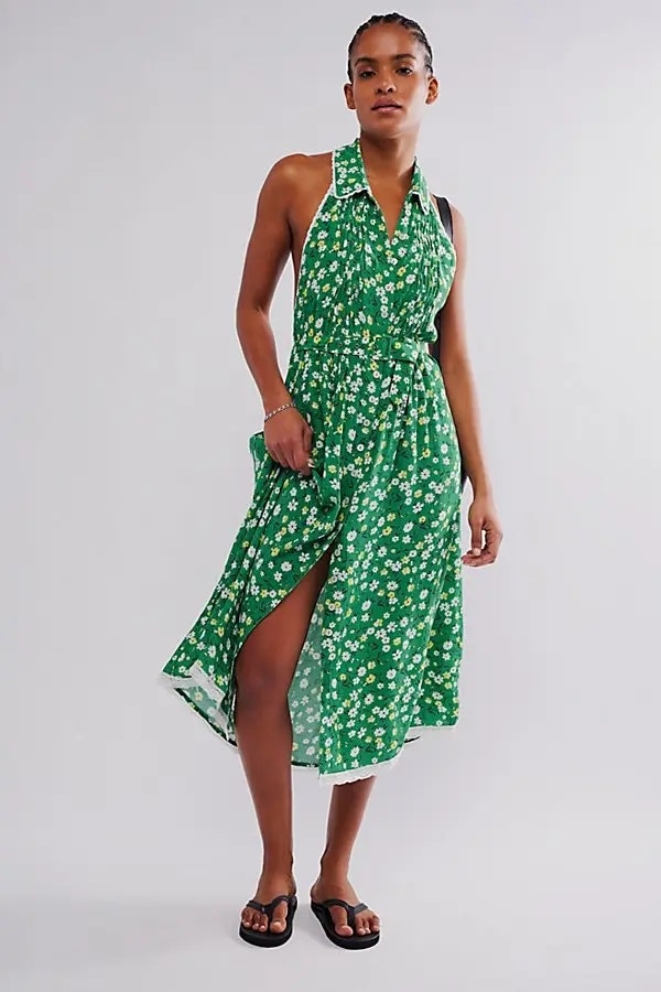 New Free People Slice Of Life Halter Midi Dress $148 Medium Green Floral Boho